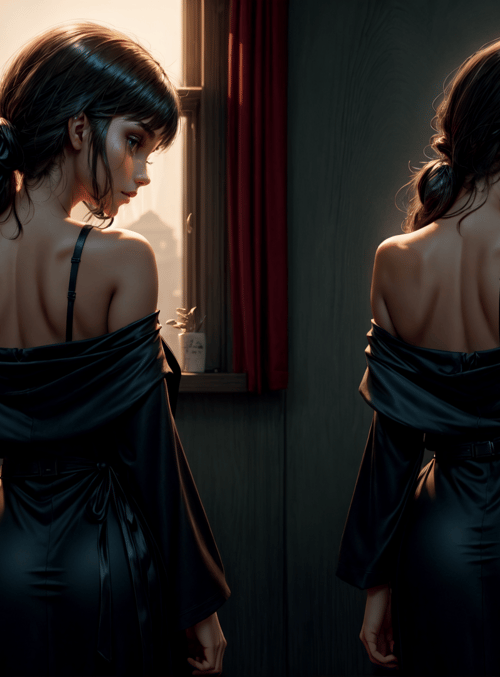 woman, dress, window, lamp, cityscape, mirror, curtain, bottle, plant, clock