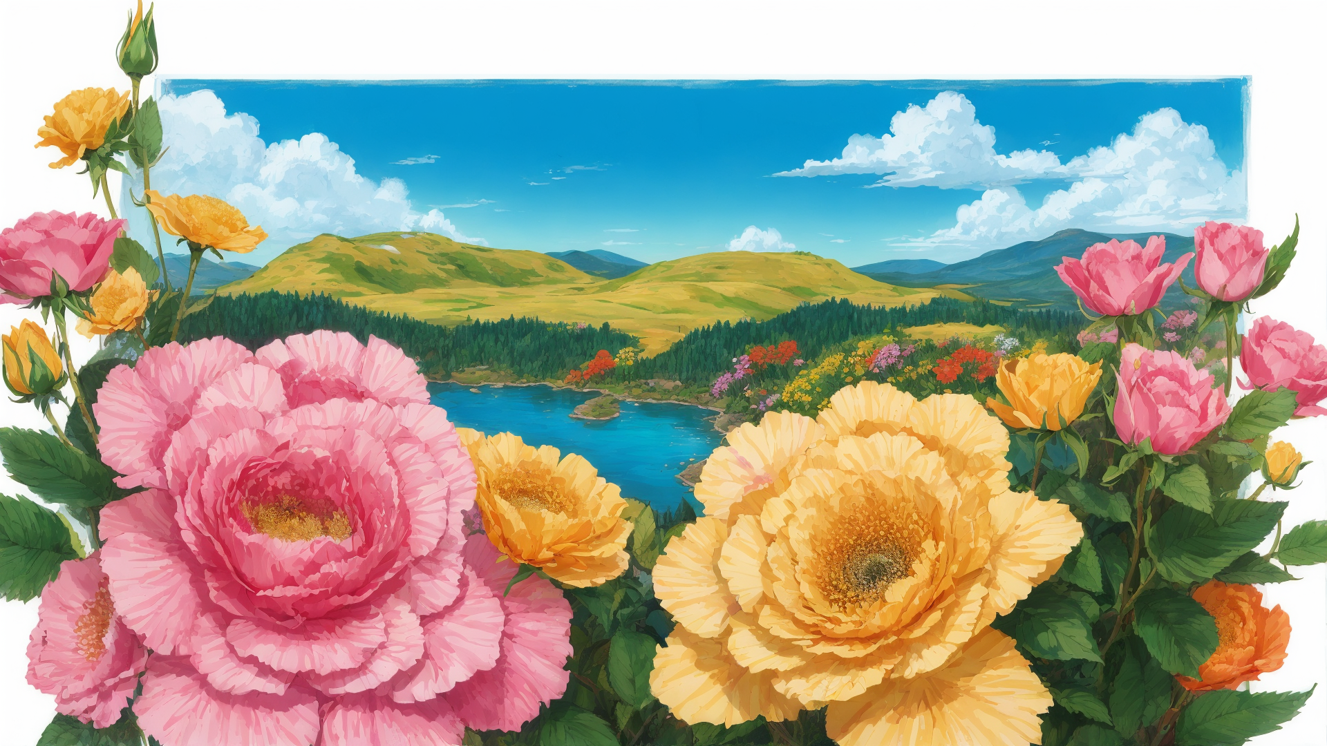 AI generated wallpaper featuring flowers, landscape, lake