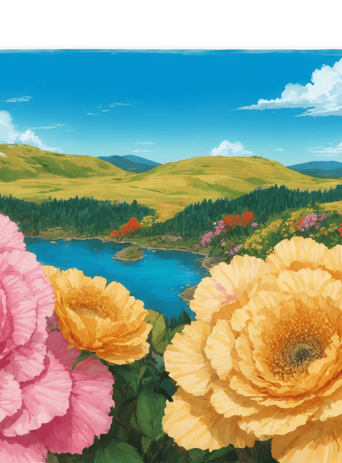 flowers, landscape, lake