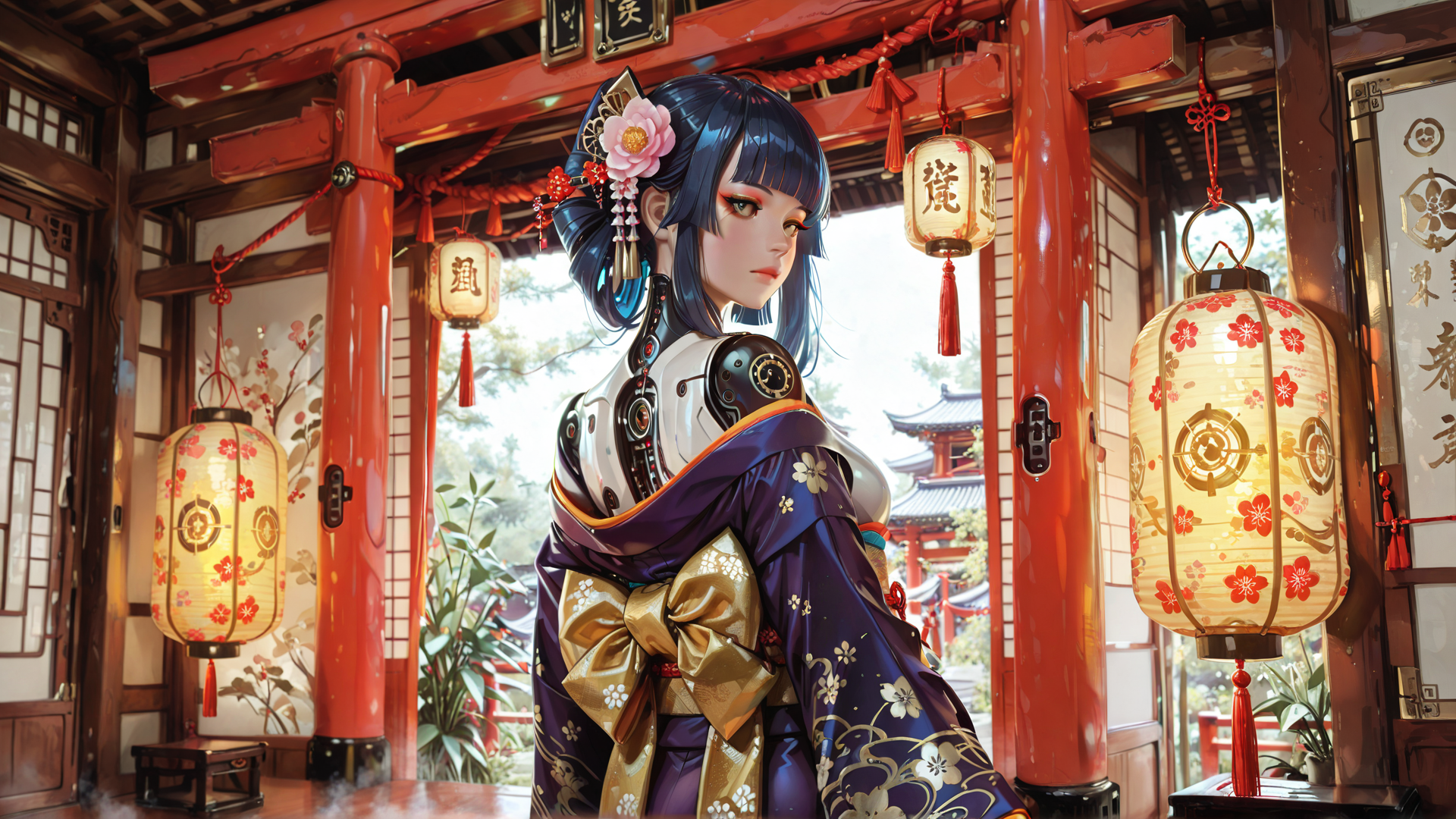 AI generated wallpaper featuring woman, lantern, traditional, kimono, mechanical, building, flower, lantern, decoration, tassel