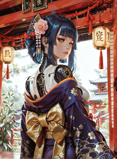 woman, lantern, traditional, kimono, mechanical, building, flower, lantern, decoration, tassel