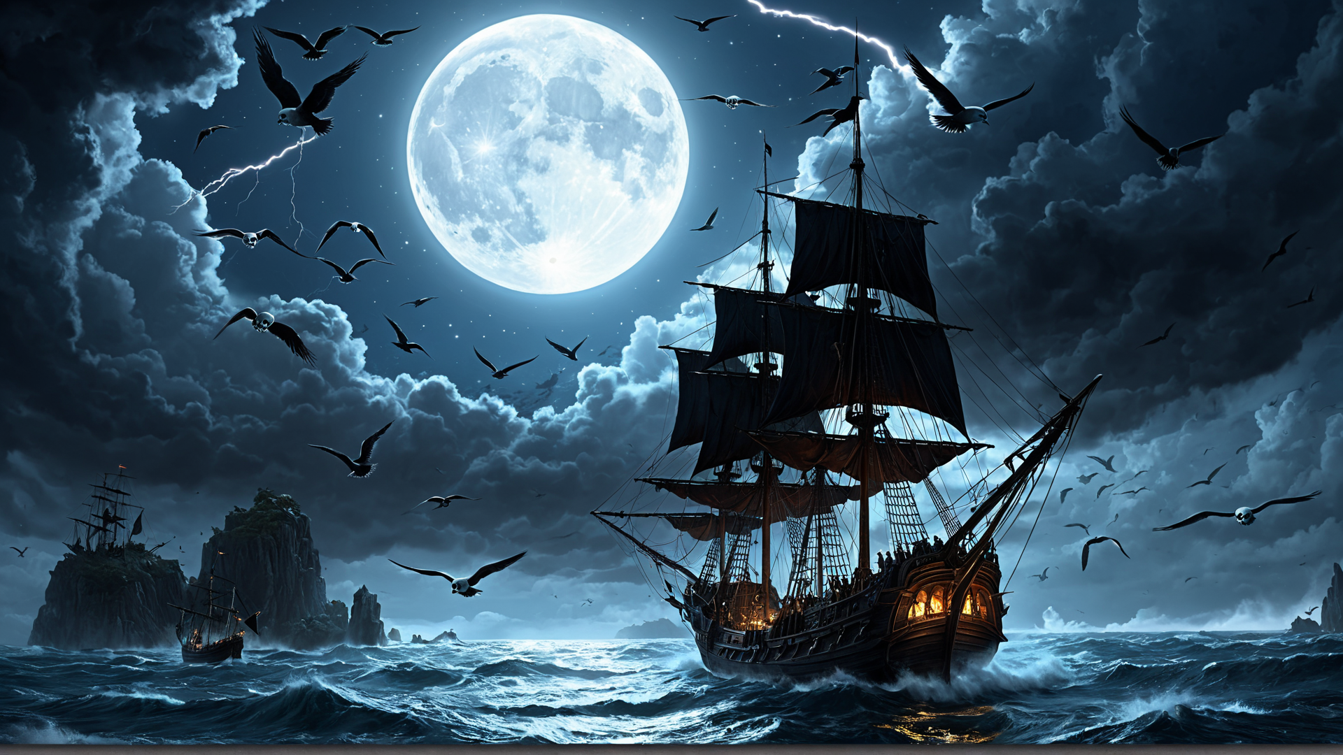 AI generated wallpaper featuring ship, seagulls, moon
