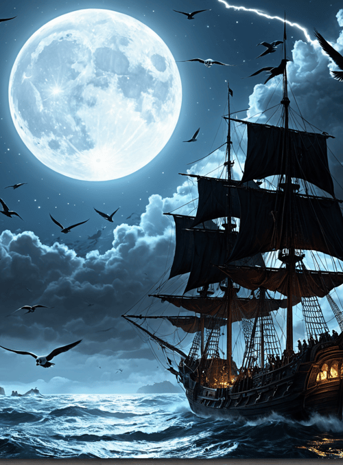 ship, seagulls, moon