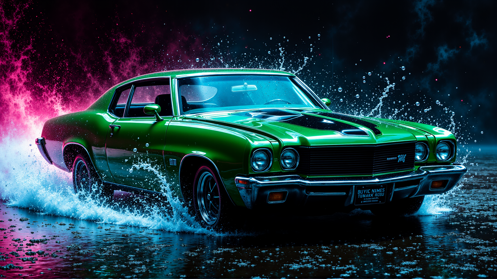 AI generated wallpaper featuring car, muscle car, splash, water, car paint, wheels, reflection, bubbles, neon, smoke