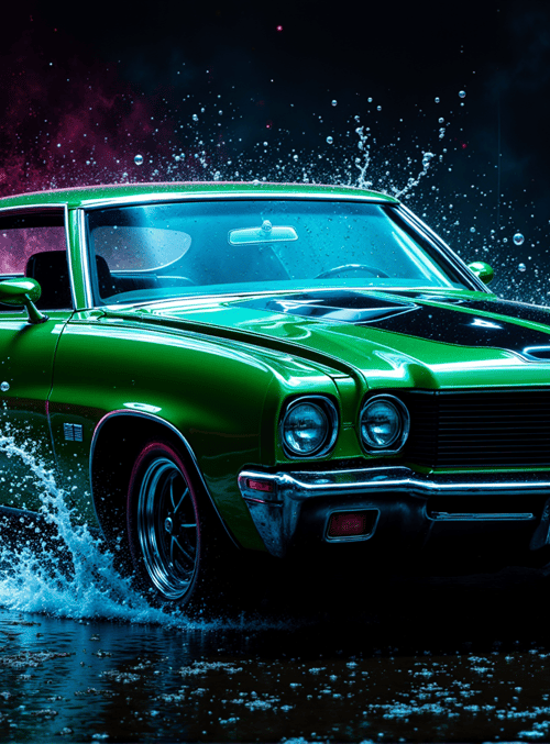 car, muscle car, splash, water, car paint, wheels, reflection, bubbles, neon, smoke