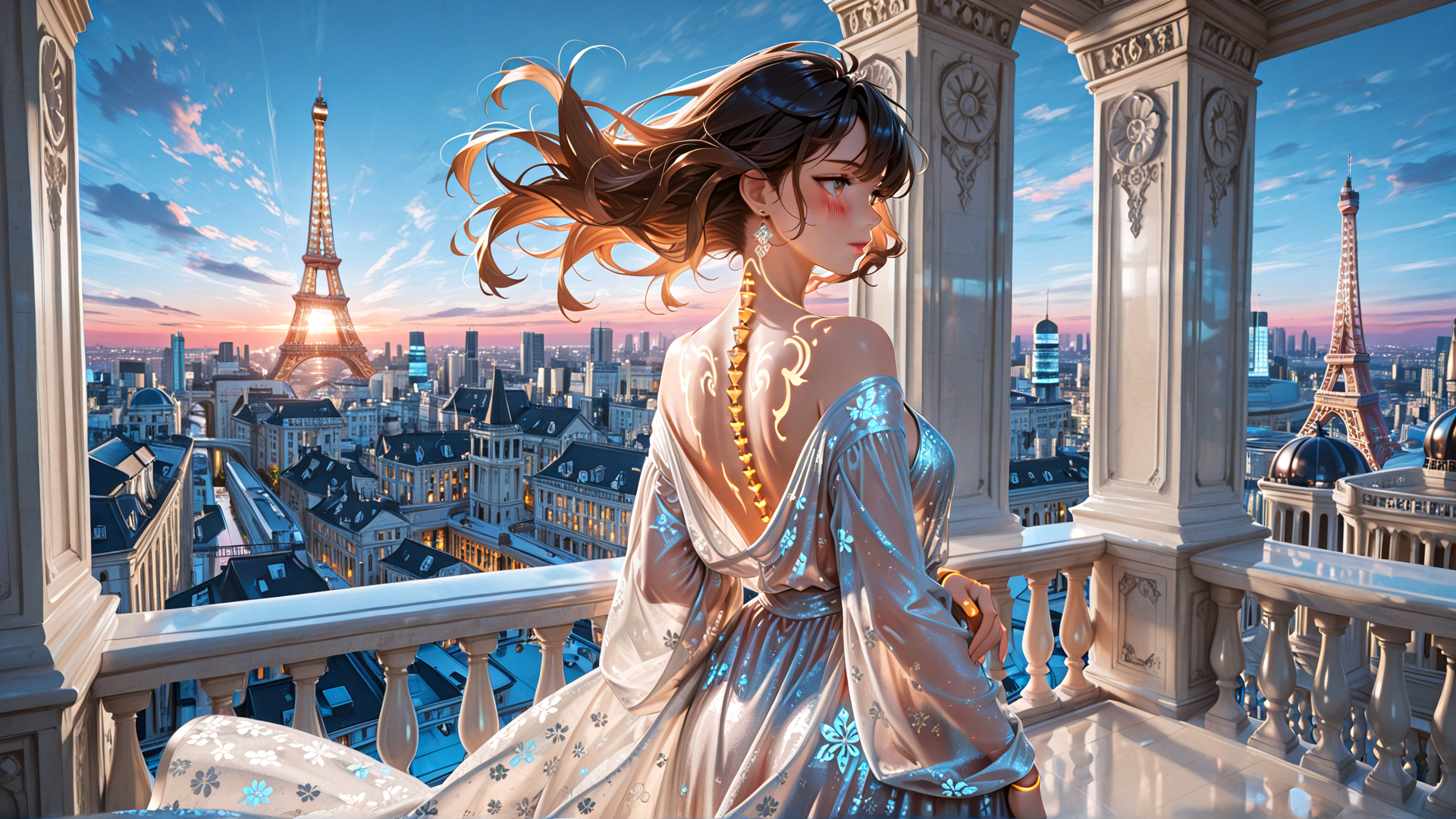 AI generated wallpaper featuring woman, eiffel tower, balcony, cityscape, dress