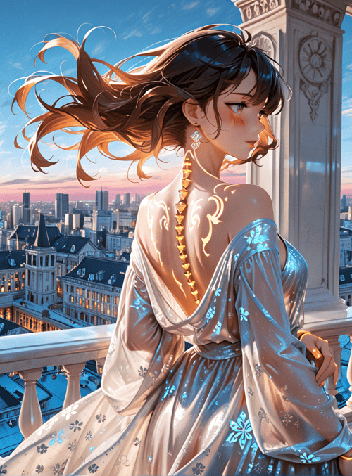 woman, eiffel tower, balcony, cityscape, dress