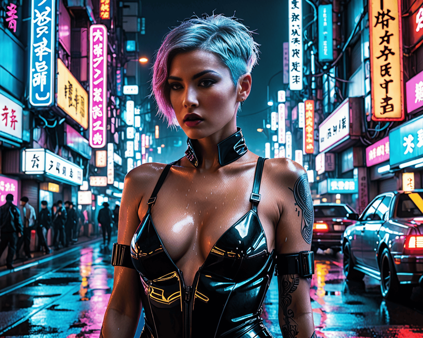 AI generated wallpaper featuring woman, neon, city