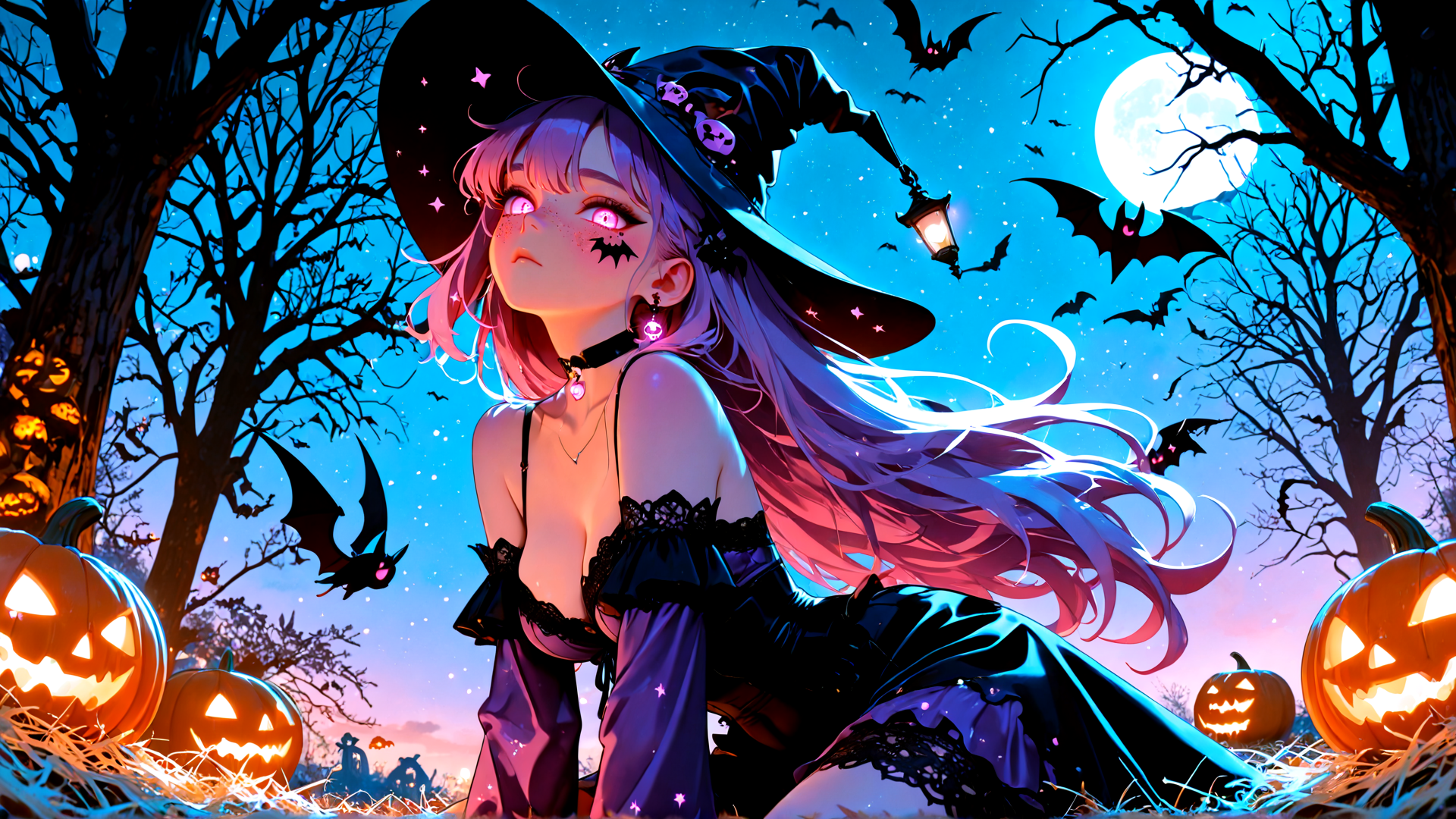 AI generated wallpaper featuring witch, pumpkin, bat, tree, moon