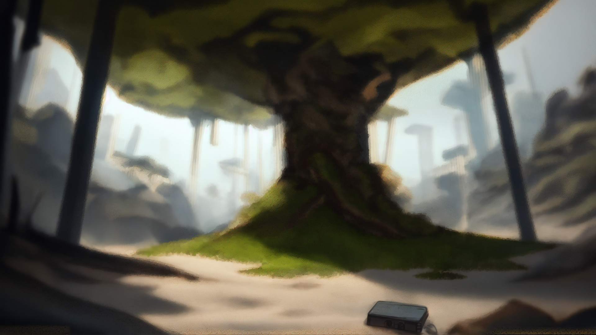 AI generated wallpaper featuring tree, forest, city