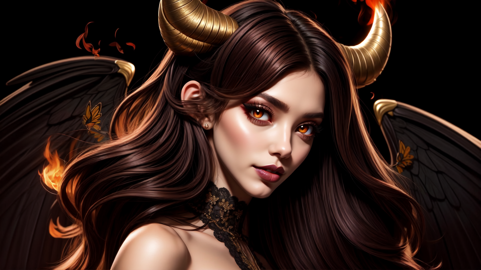 AI generated wallpaper featuring devil, angel, woman, horn, wing, butterfly, fire