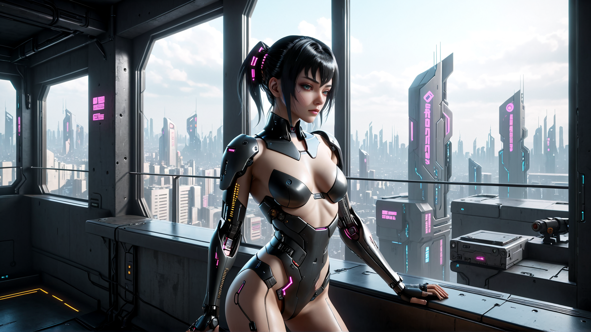 AI generated wallpaper featuring cyborg, woman, cityscape
