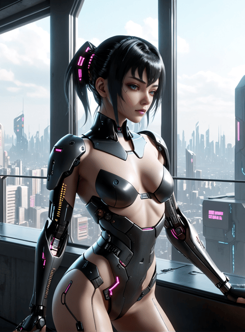 cyborg, woman, cityscape