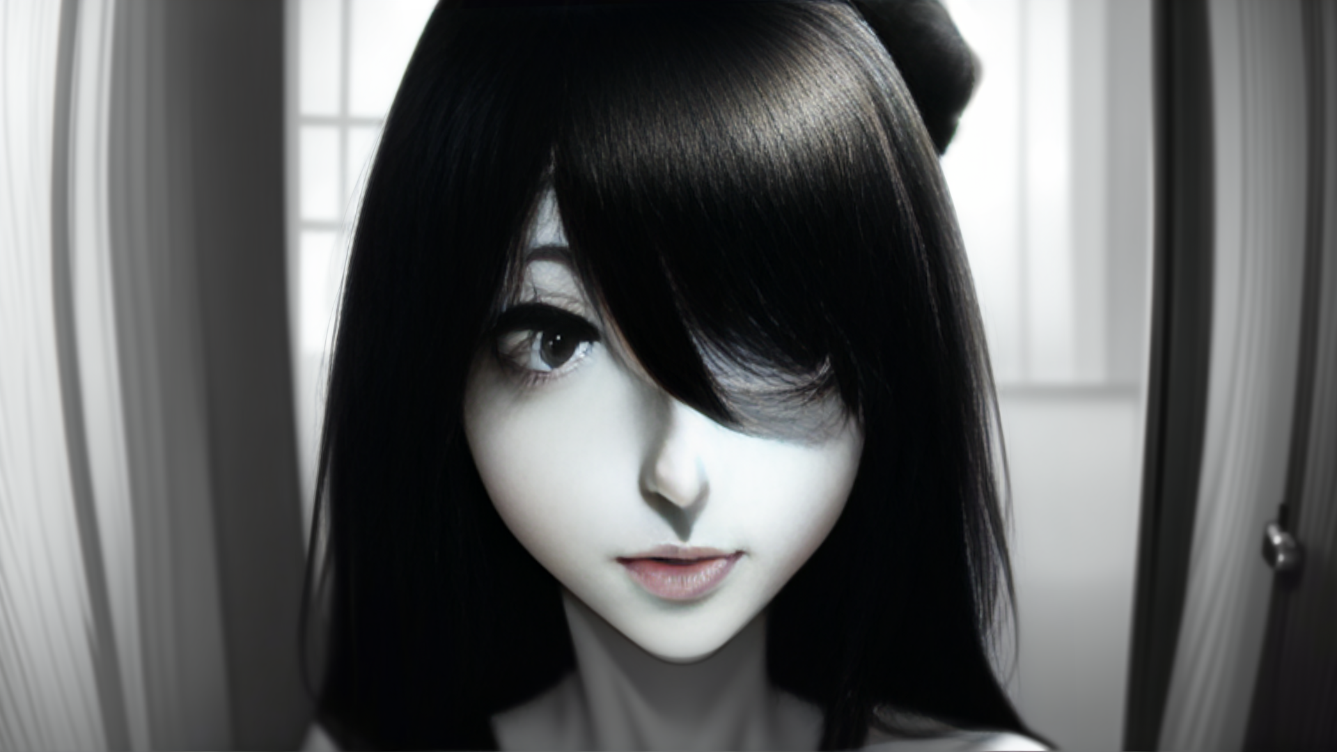 AI generated wallpaper featuring girl, hair, window