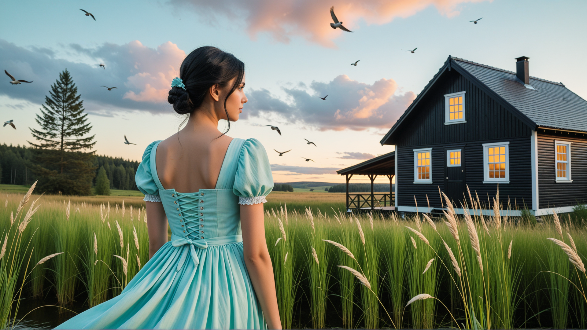 AI generated wallpaper featuring woman, house, birds, grass, tree