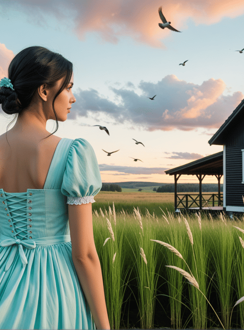 woman, house, birds, grass, tree