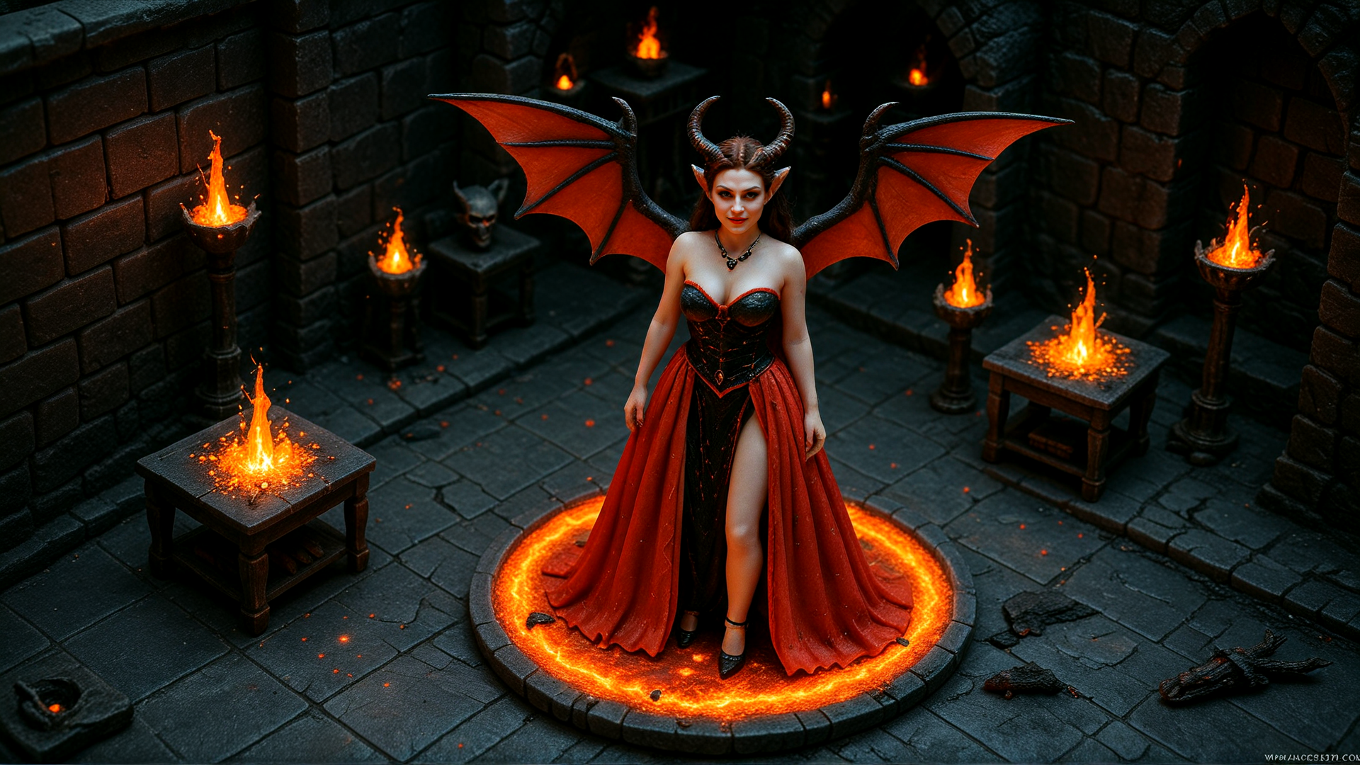 AI generated wallpaper featuring devil, woman, demon, horns, wings, dress, castle, fire, stone, circle