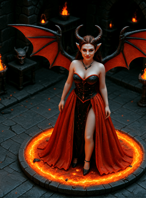 devil, woman, demon, horns, wings, dress, castle, fire, stone, circle