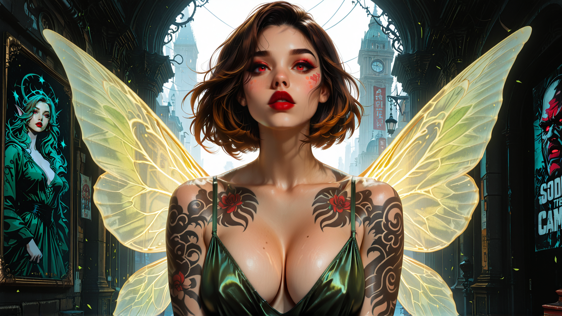 AI generated wallpaper featuring woman, fairy, tattoo, city, poster