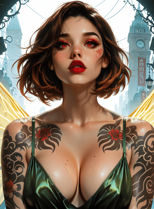 woman, fairy, tattoo, city, poster
