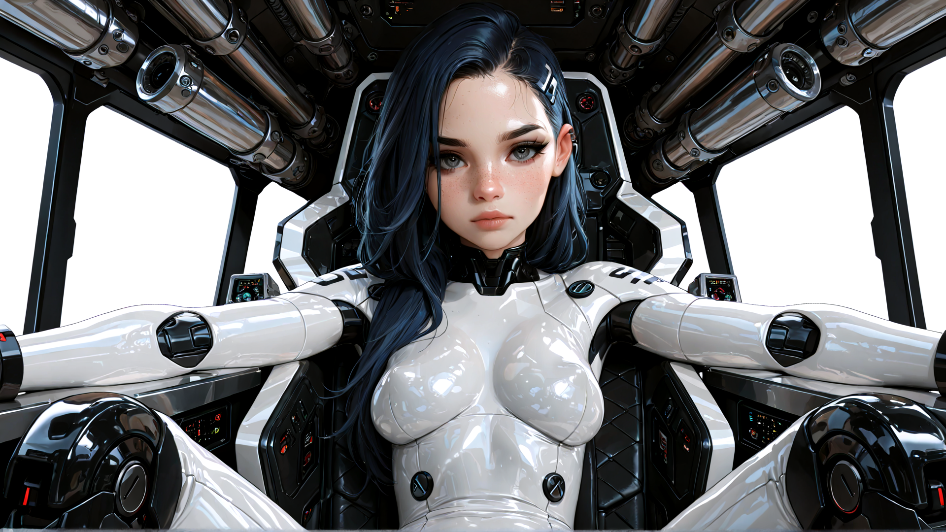 AI generated wallpaper featuring woman, robot, spaceship, cockpit, cyborg