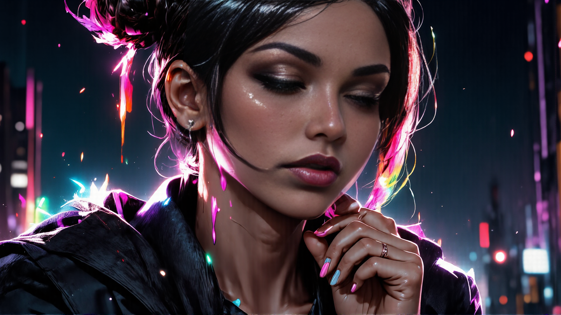 AI generated wallpaper featuring woman, neon, city