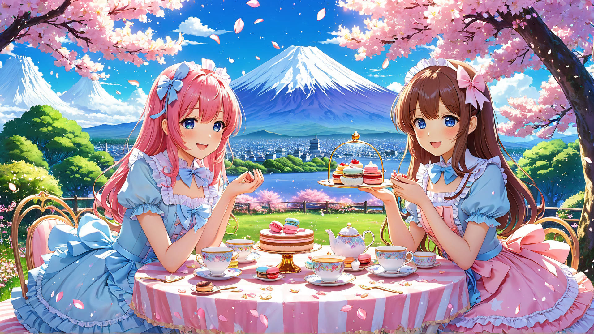 AI generated wallpaper featuring girls, tea party, cherry blossoms