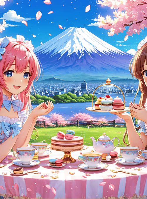 girls, tea party, cherry blossoms