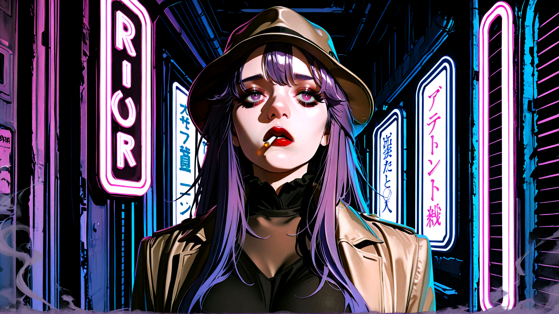 AI generated wallpaper featuring woman, neon, signs, hat, cigarette, city