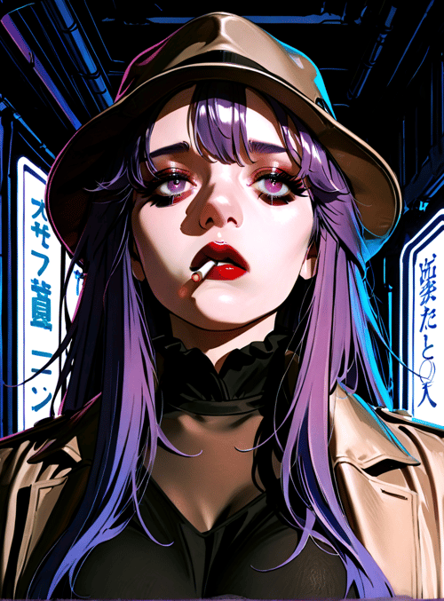 woman, neon, signs, hat, cigarette, city