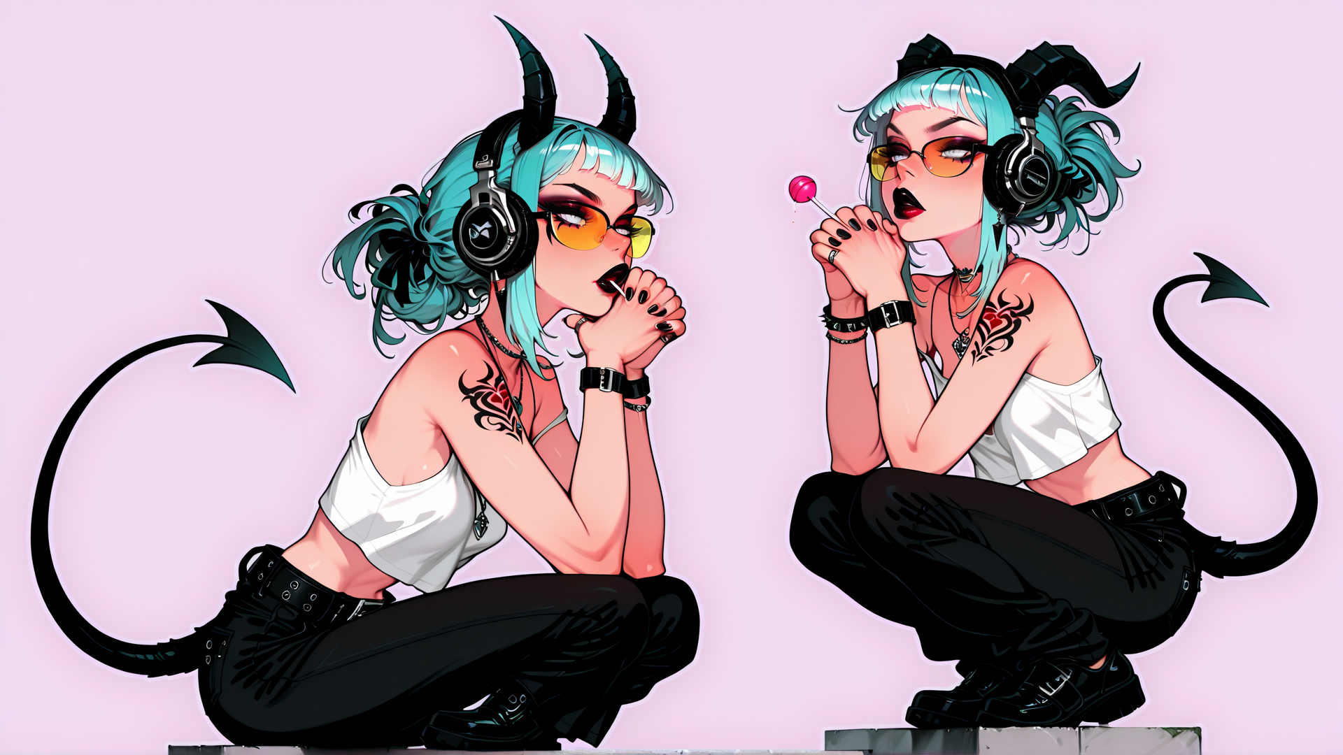 AI generated wallpaper featuring demon, girl, headphones, lollipop, tattoo, tail, sunglasses, earphones, horns, crouching