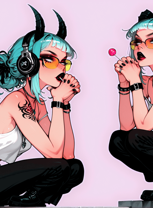 demon, girl, headphones, lollipop, tattoo, tail, sunglasses, earphones, horns, crouching