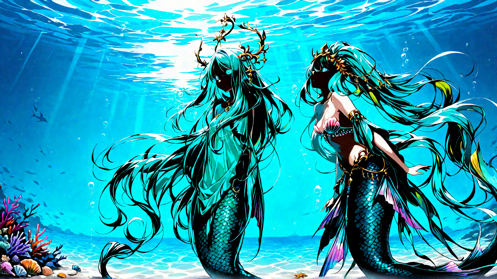 AI generated wallpaper featuring mermaid, sea, coral, fish, underwater, scales, sunlight, seaweed, bubbles, mermaid tail