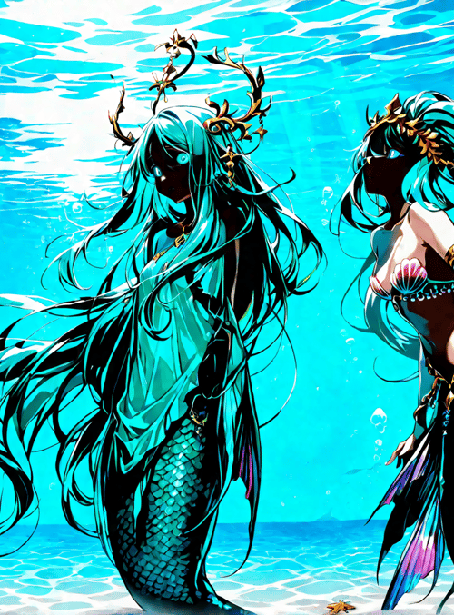 mermaid, sea, coral, fish, underwater, scales, sunlight, seaweed, bubbles, mermaid tail