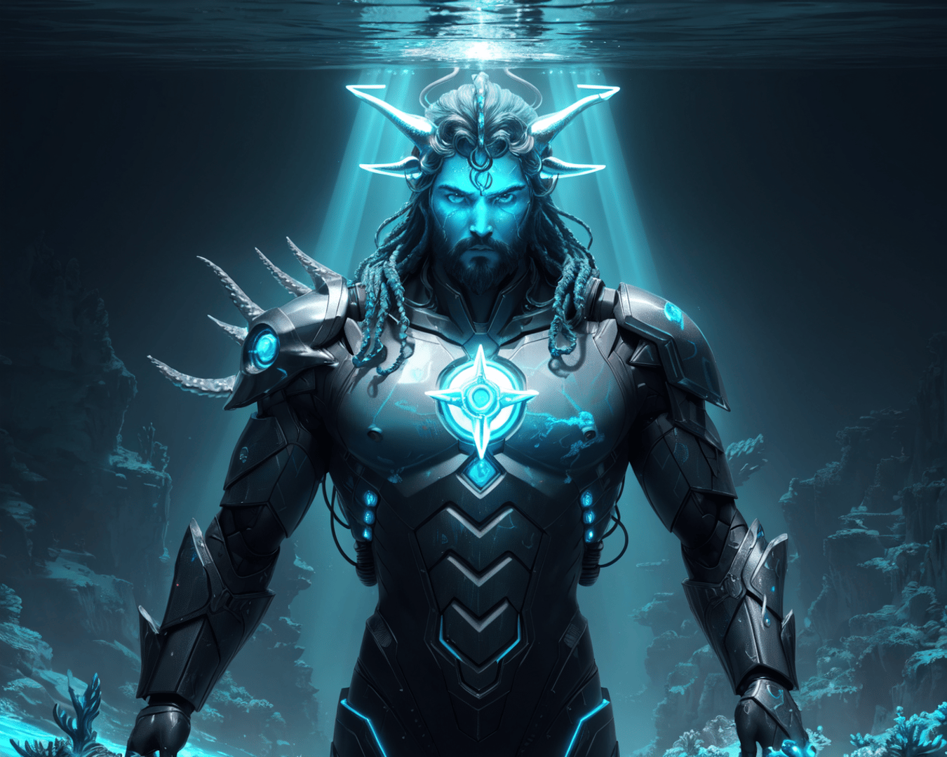 AI generated wallpaper featuring god, armor, underwater