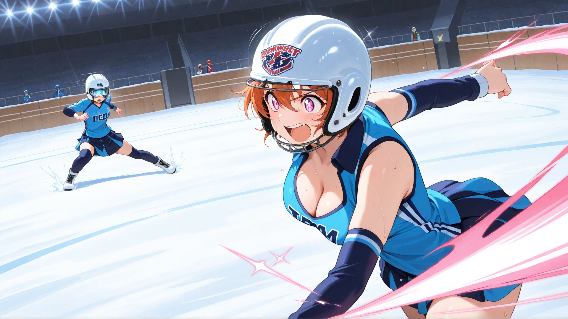 AI generated wallpaper featuring speed skater, ice rink, helmet, uniform, skates