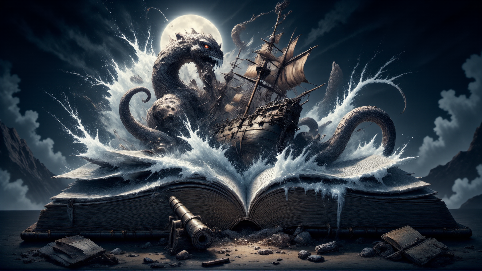AI generated wallpaper featuring book, dragon, ship, moon, waves, treasure, cannon, mountains, clouds, spill