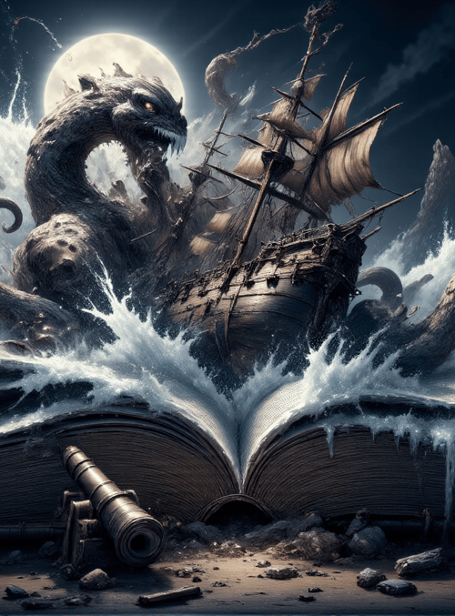 book, dragon, ship, moon, waves, treasure, cannon, mountains, clouds, spill