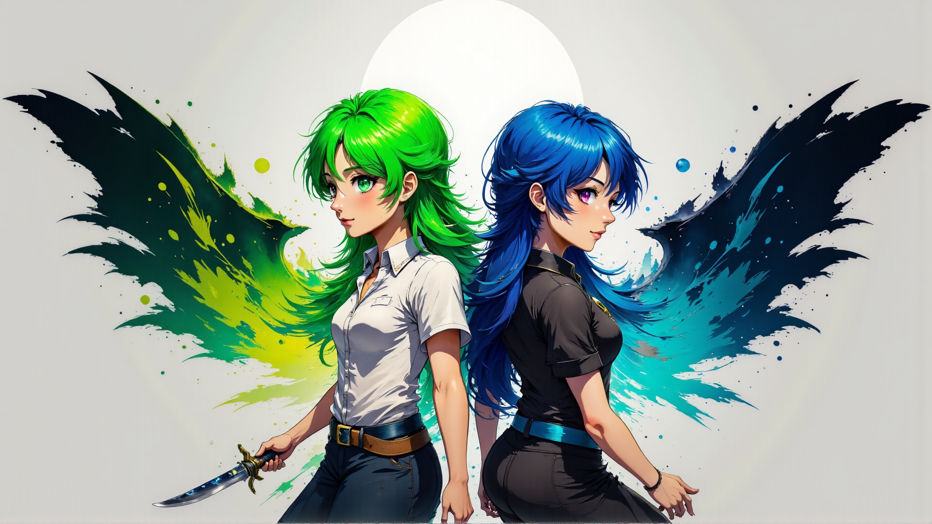 AI generated wallpaper featuring girls, wings, sword, anime, characters, fashion, art, figures, hair, back