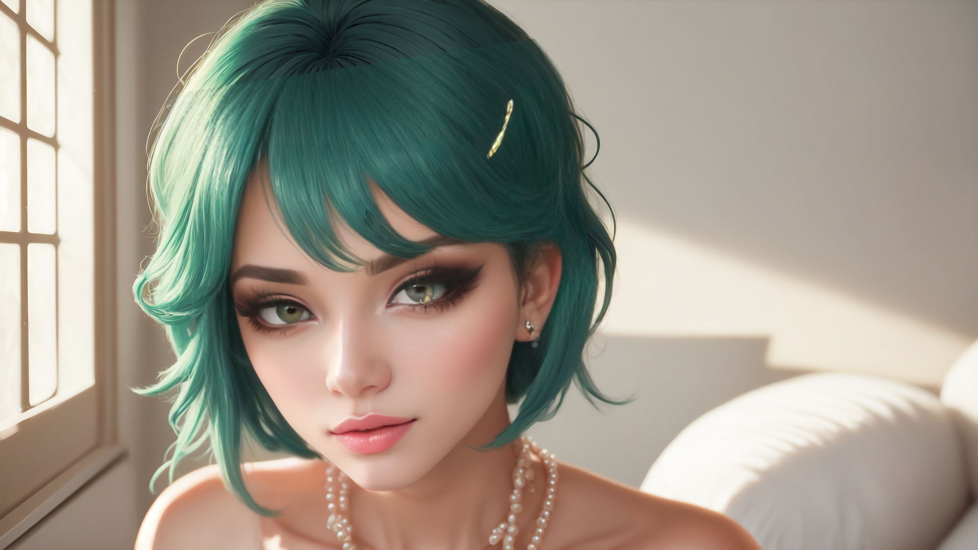 AI generated wallpaper featuring woman, hair, necklace