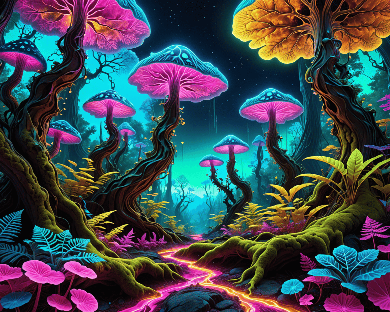 AI generated wallpaper featuring mushrooms, trees, forest