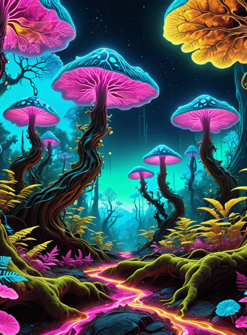 mushrooms, trees, forest