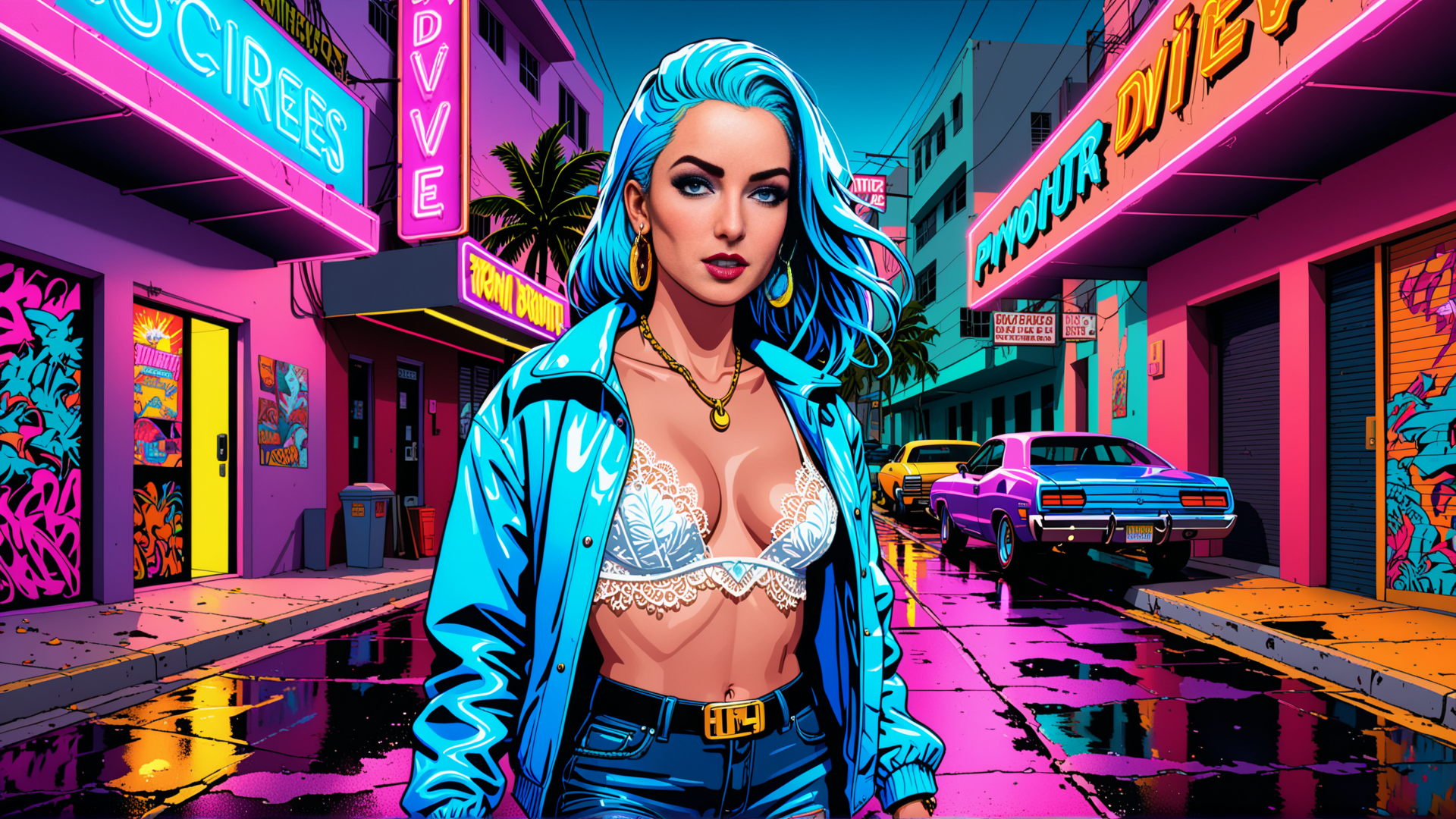 AI generated wallpaper featuring woman, street, neon
