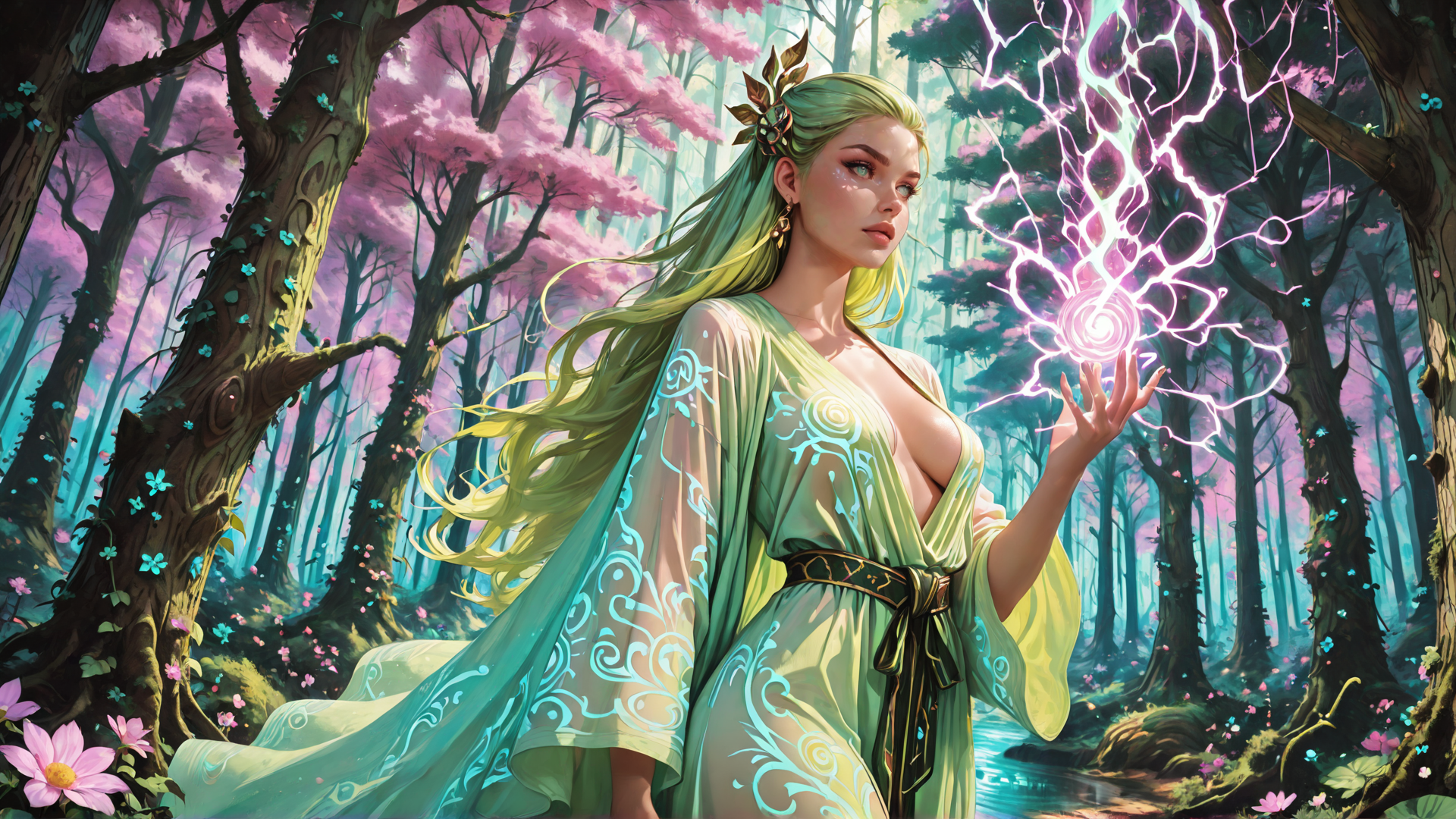 AI generated wallpaper featuring fairy, woman, forest, magic, trees, flowers, lightning, dress, hair, spark