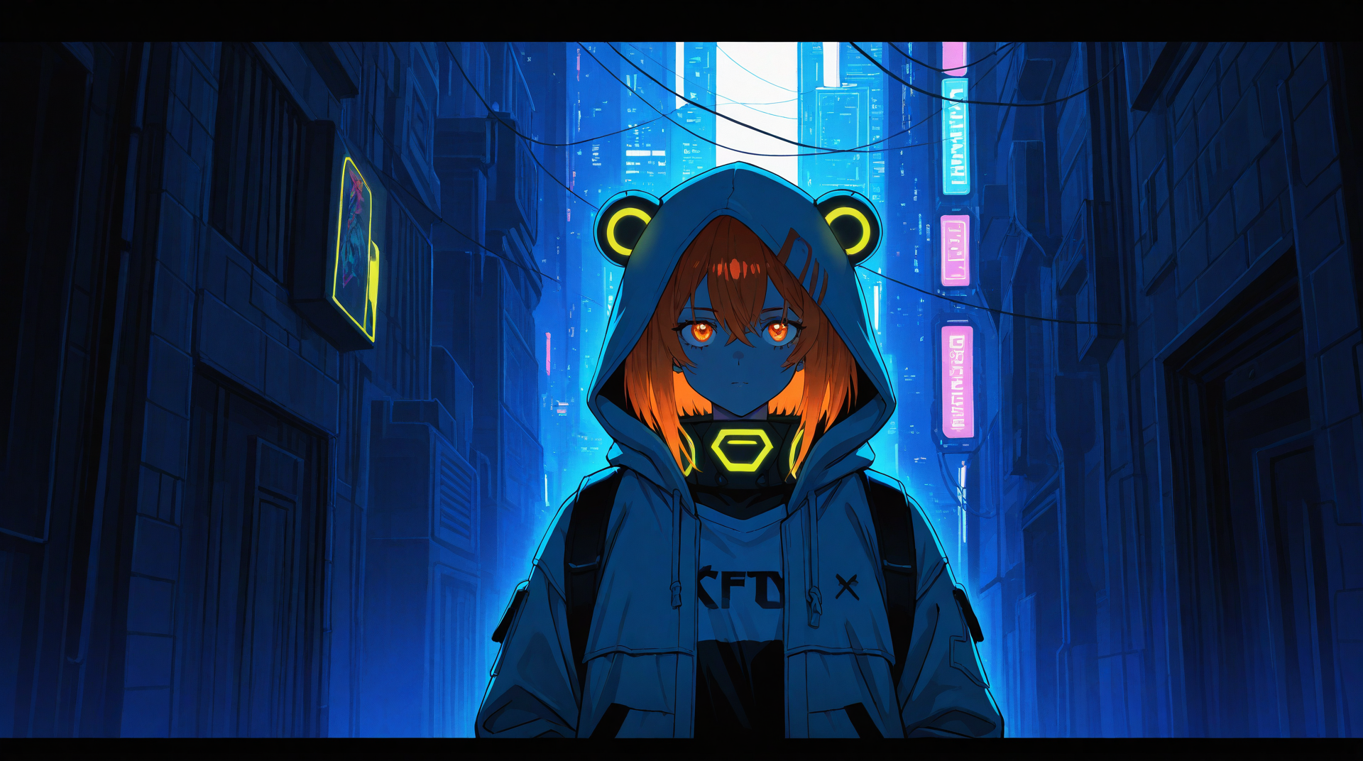 AI generated wallpaper featuring girl, cyberpunk, hoodie