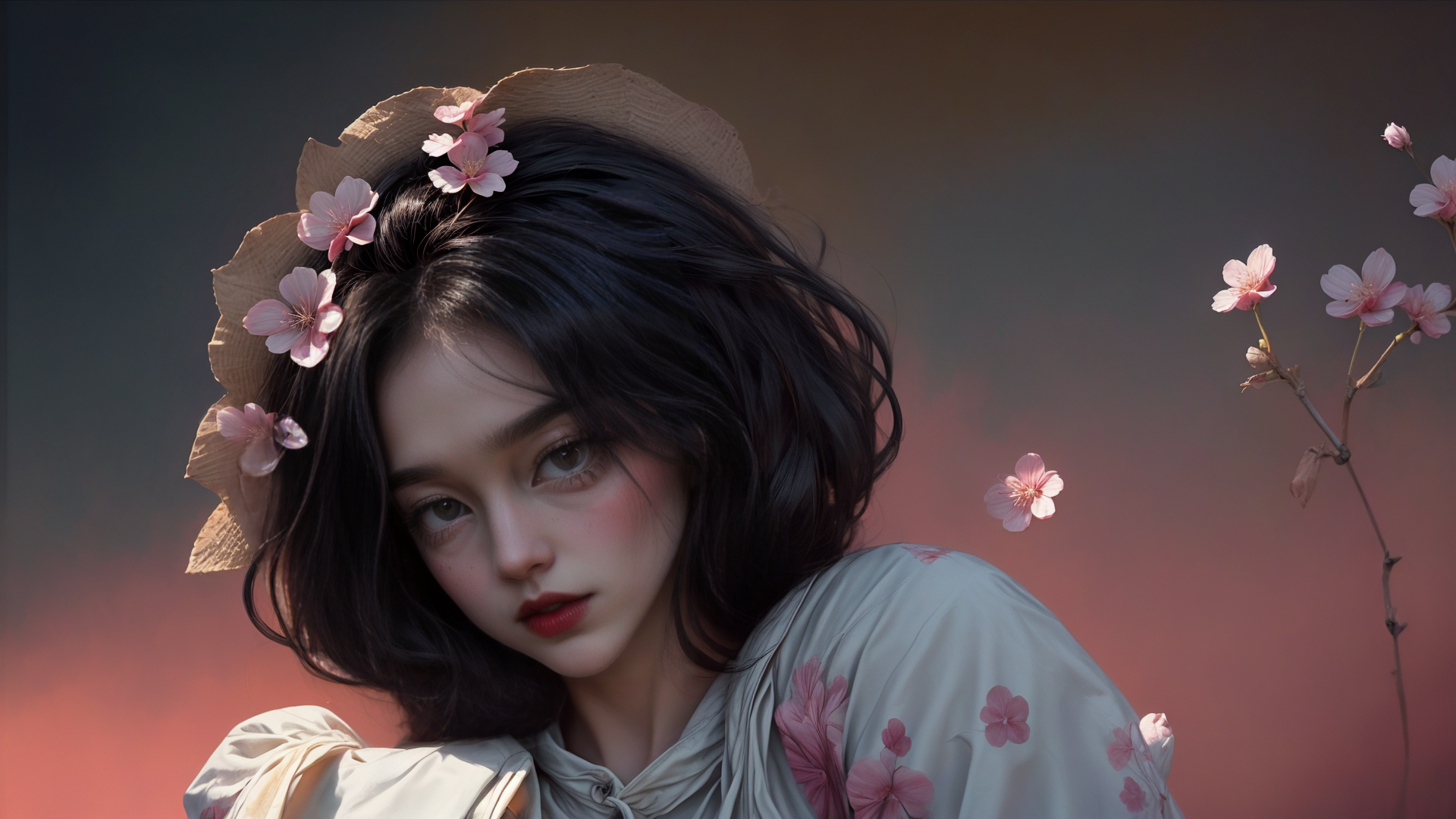 AI generated wallpaper featuring girl, cherry blossom, hat