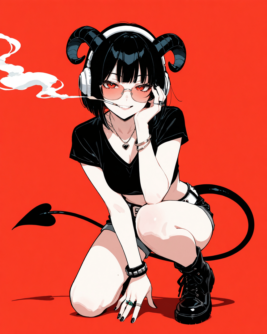 AI generated wallpaper featuring demon, girl, headphones, cigarette, tail, horn, glasses, shorts, boots, necklace