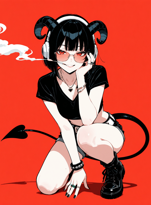 demon, girl, headphones, cigarette, tail, horn, glasses, shorts, boots, necklace