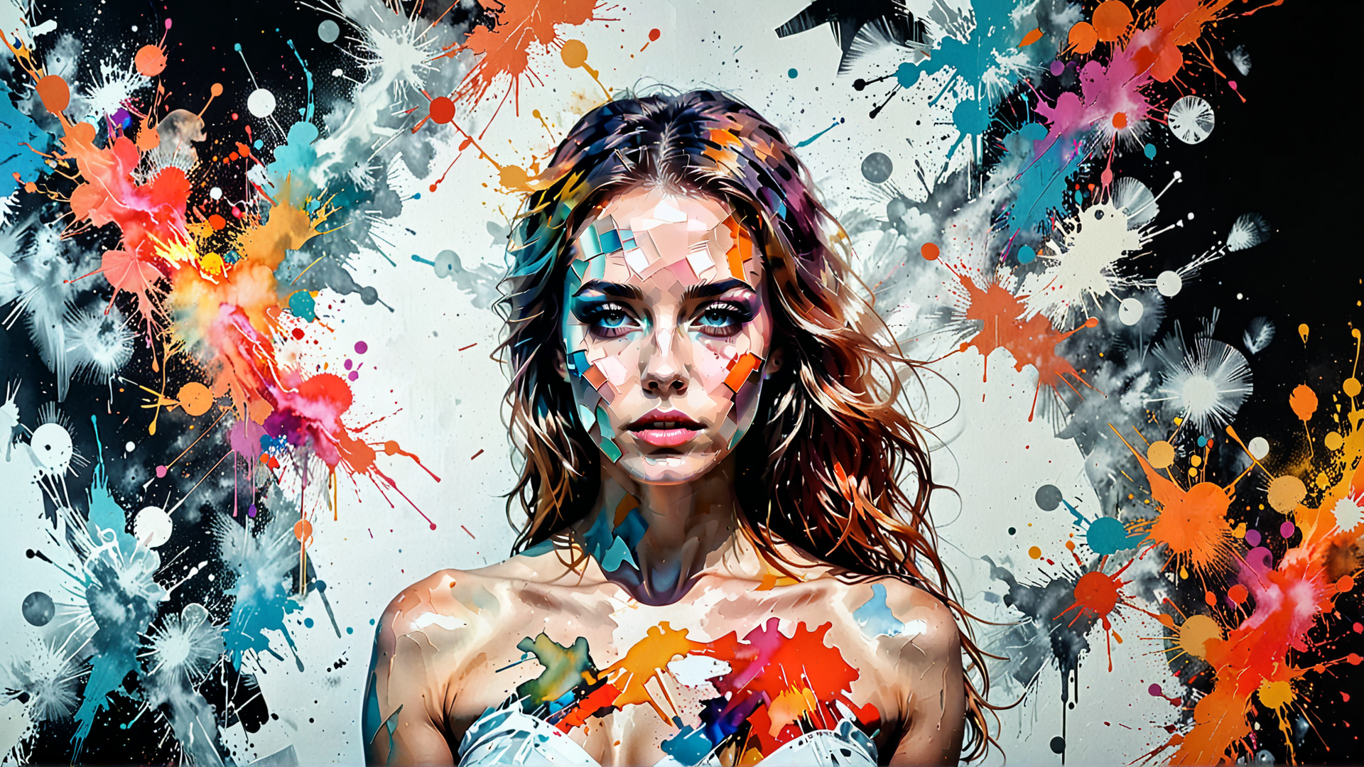 AI generated wallpaper featuring woman, sunset, splash, art, paint