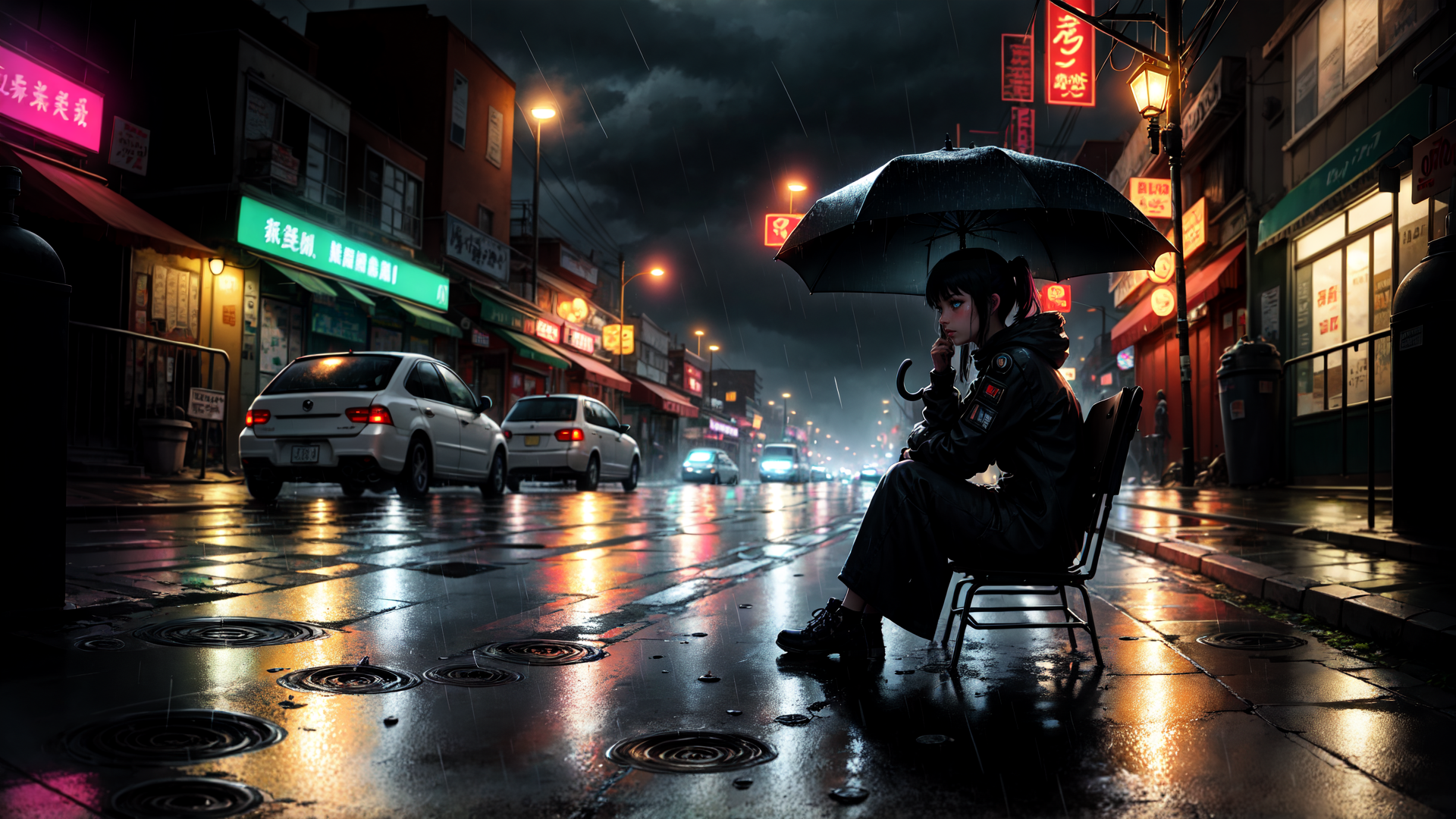AI generated wallpaper featuring girl, umbrella, street, cars, signs